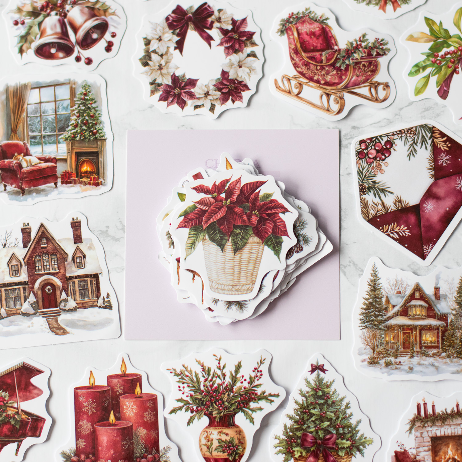 vianočné nálepky burgundy noel